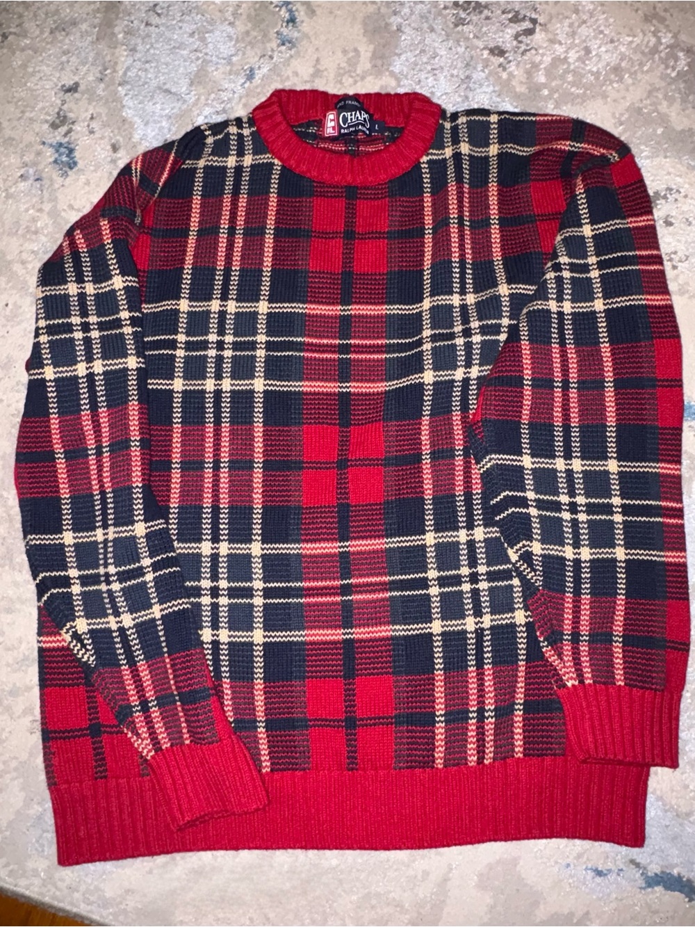 Ralph Lauren Red Navy Cream Plaid Crewneck Sweater Hand Framed Heavy